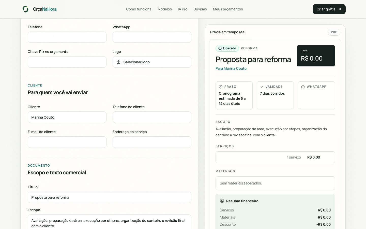 OrçaNaHora product interface