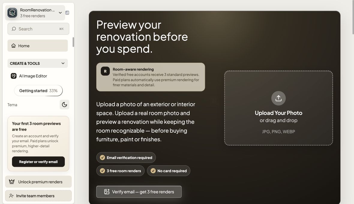 RoomRenovation AI product interface